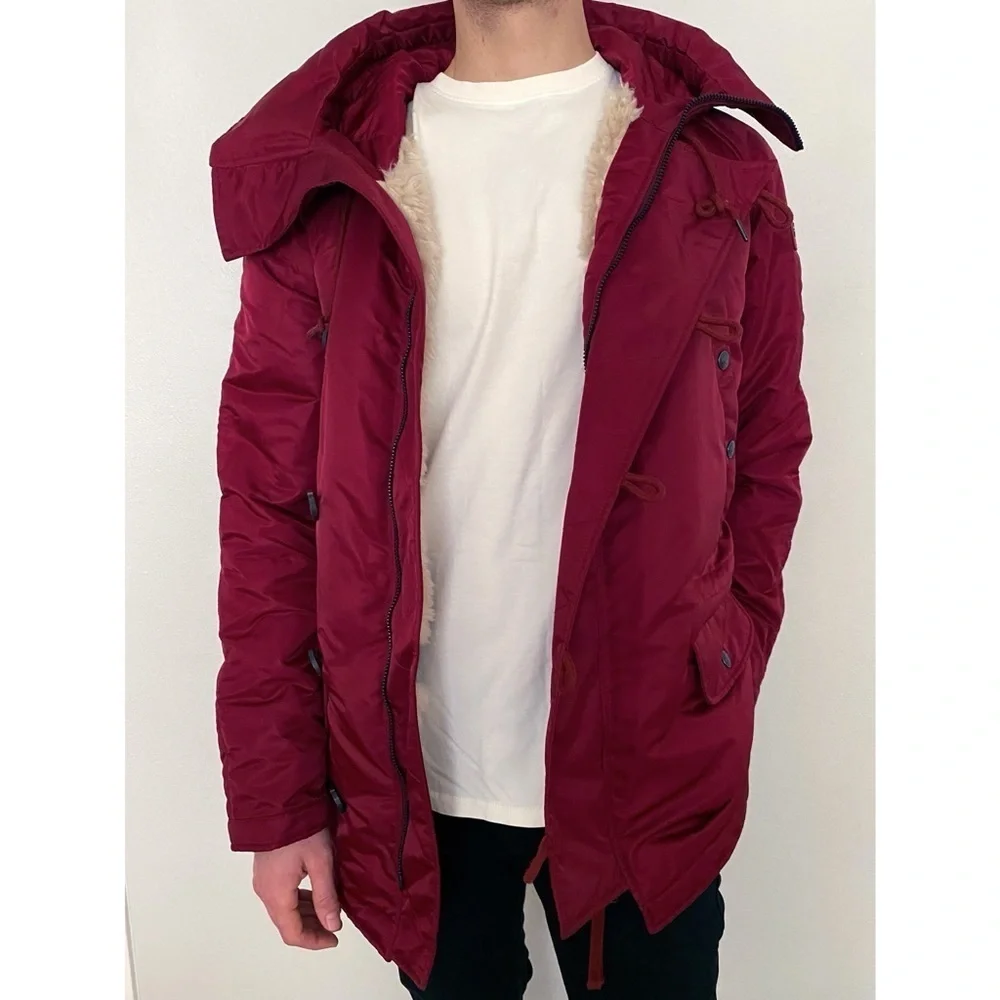 True Religion Men’s Parka Sherpa Zip Up Winter Jacket Hooded Coat Burgundy Red M